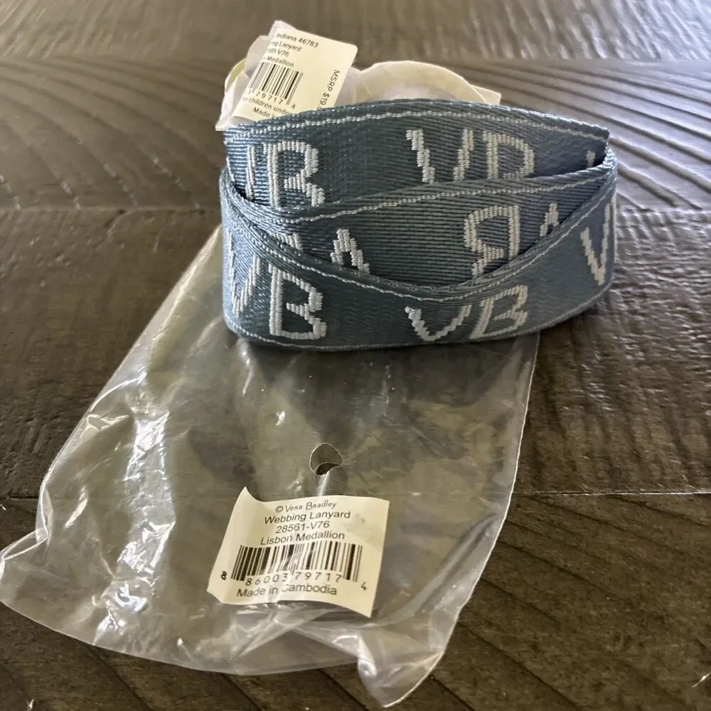 Vera Bradley Blue Logo Webbing Badge Lanyard  1 Inch Wide Lisbon Medallion NEW